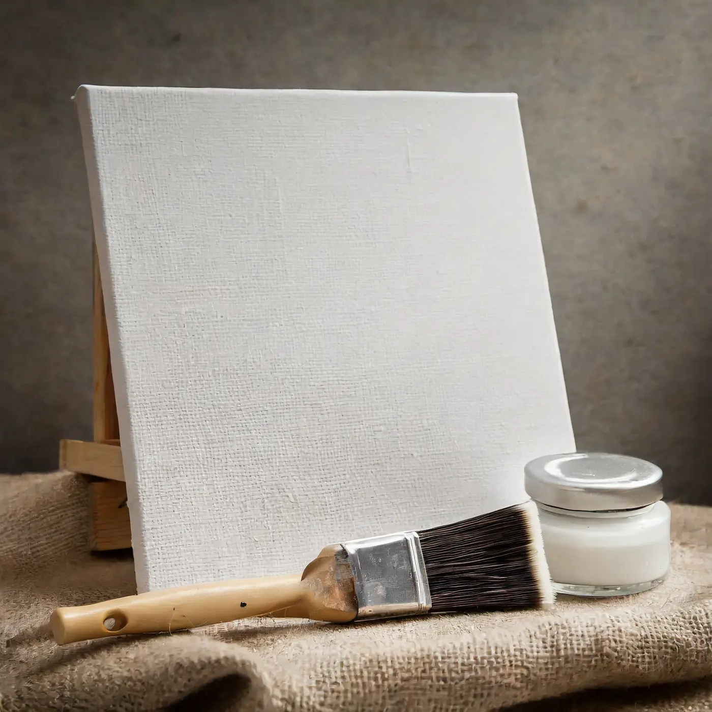 A blank canvas and a jar of gesso